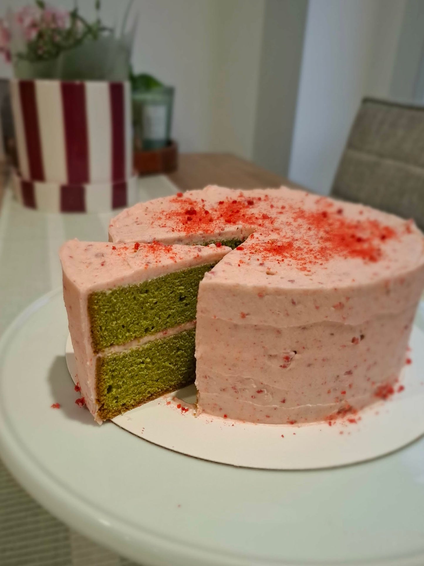 Matcha Cake with Strawberry Icing